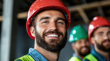 A cheerful construction worker wearing a hard hat and safety gear smiles confidently at the camera. Colleagues in green hard hats provide a backdrop, emphasizing teamwork and positivity on the job site.の素材