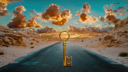 A golden key stands on a deserted road, framed by a stunning sunset sky. This captivating image symbolizes opportunity and adventure, inviting viewers to explore new paths and possibilities.の素材