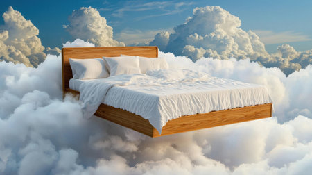 A whimsical scene of a wooden bed floating gently amid soft clouds, evoking feelings of tranquility and inspiration in a dreamy open sky. Perfect for imagery related to relaxation and fantasy.の素材
