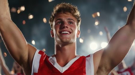 A young athlete celebrates in a vibrant stadium, showcasing joy and enthusiasm. The lively atmosphere reflects the excitement of sports and teamwork.の素材