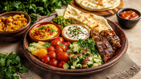 A colorful Middle Eastern platter featuring grilled meat, fresh vegetables, various dips, and herbs, perfect for food lovers and culinary enthusiasts.の素材