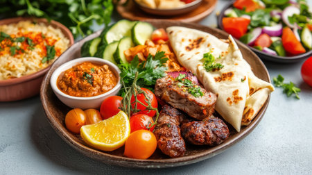 A vibrant display of grilled meats and fresh vegetables on a plate, showcasing a delicious and healthy meal, perfect for any dining occasion.の素材