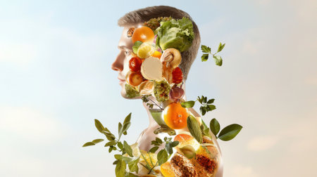 A creative representation of a human silhouette filled with vibrant fruits and vegetables, symbolizing the connection between nutrition and wellness.の素材