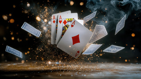 A visually stunning composition featuring flying playing cards with vibrant sparks and smoke, perfect for themes of gambling, chance, and excitement in games.の素材