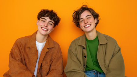 Two smiling friends pose joyfully against a bright orange backdrop, showcasing their stylish outfits. This vibrant image captures the essence of friendship and youth.の素材