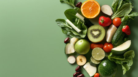 A vibrant and fresh assortment of various fruits and vegetables arranged beautifully on a green surface, perfect for promoting healthy eating and cooking.の素材