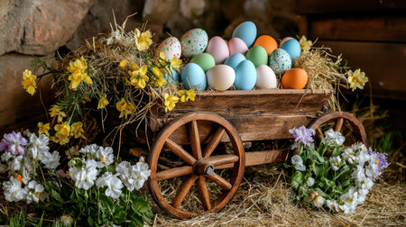 A charming wooden cart brimming with colorful Easter eggs and beautiful spring flowers. Perfect for holiday decoration and festive celebrations in any setting.の素材