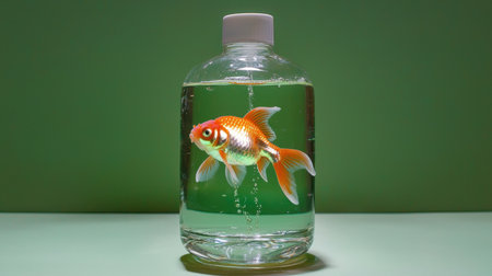 A vibrant goldfish gracefully swims inside a clear bottle filled with water, showcasing a minimalist design against a soothing green background, symbolizing freedom and beauty.の素材