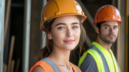 A young female construction worker smiles confidently while standing at a building site. Her colleague, wearing an orange hard hat, looks on as they engage in teamwork.の素材