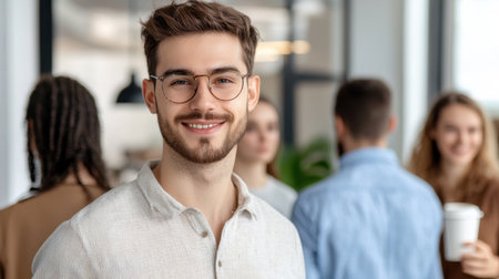 A confident young man with glasses smiles in a bright office setting, surrounded by colleagues. The scene captures a positive work atmosphere focused on teamwork and communication.の素材