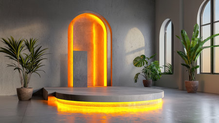 A stylish indoor space featuring elegant plants and warm glow lighting, perfect for use as a backdrop in design, architecture, or lifestyle projects.の素材