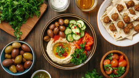 A vibrant snack plate featuring hummus, olives, cucumbers, and tomatoes, garnished with fresh parsley, perfect for casual meals and gatherings.の素材