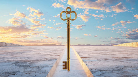 A stunning vintage key stands alone against a picturesque landscape, symbolizing opportunity and new beginnings. The vibrant sky enhances the dreamy atmosphere.の素材