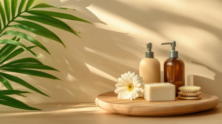 A serene display of natural spa products on a wooden tray, highlighting beauty and wellness. Perfect for relaxation and self-care inspiration in a minimalist setting.の素材