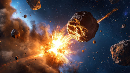 A stunning cosmic scene depicts a vibrant explosion involving asteroids amid colorful nebulae, showcasing the dynamic beauty of the universe. Perfect for sci-fi themes.の素材