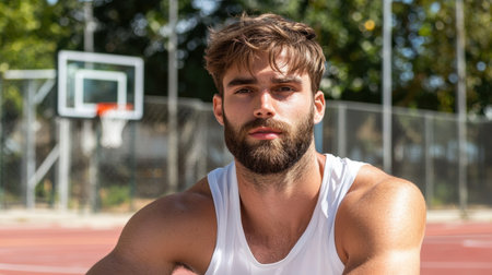 A young athletic man with a beard poses confidently on an outdoor basketball court, exuding strength and determination. Perfect for fitness and sports themes.の素材