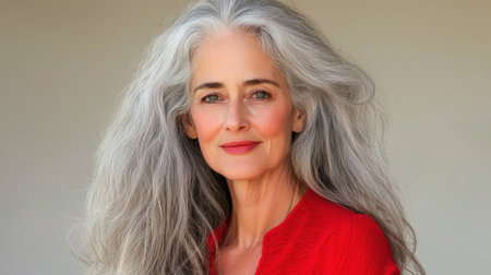 A striking portrait of an elegant mature woman with flowing silver hair, radiating confidence and beauty. She wears a vibrant red outfit, complementing her graceful demeanor.の素材