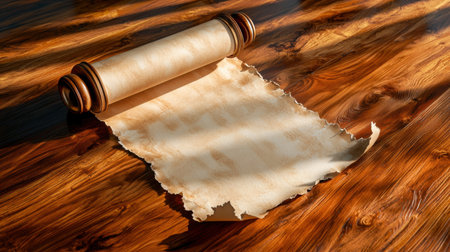 A beautifully aged scroll rests on a textured wooden table, illuminated by soft warm light, creating a serene atmosphere perfect for artistic inspiration or storytelling.の素材