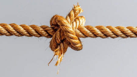 A detailed close-up of a secure nautical knot tied in rustic rope. The warm brown fibers contrast beautifully against a simple gray background. Perfect for maritime themes and craftsmanship.の素材