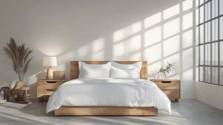 A serene and modern bedroom showcasing a minimalist design, natural light filtering through large windows, and cozy decor elements for a peaceful retreat.の素材