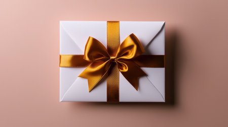 A stylish white gift box adorned with a golden ribbon sits elegantly against a soft pink background, perfect for holiday celebrations and special occasions.の素材
