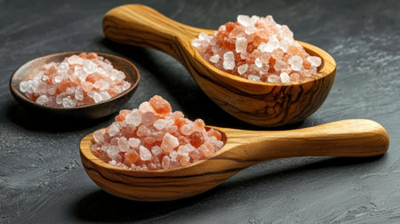 H Himalayan pink salt rests in elegant wooden spoons, showcasing its natural beauty and coarse texture against a dark background, ideal for cooking or garnishing.の素材