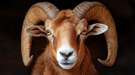 Close-up portrait of a majestic ram showcasing its impressive curved horns and striking features against a dark background, representing wildlife's beauty and strength.の素材