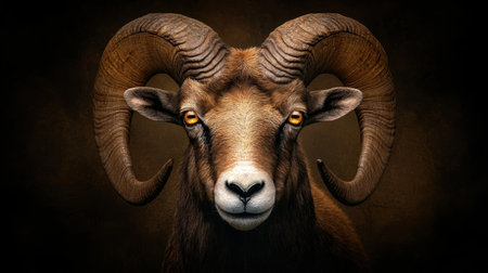 A striking close-up portrait of a majestic ram showcasing its intricate horns and expressive eyes, reflecting the beauty and strength of wildlife in nature.の素材