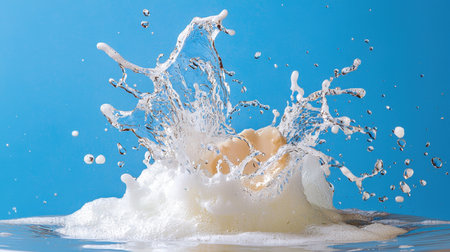 Captivating image of a vibrant splash of milk creating ripples against a bright blue background. This dynamic shot captures the refreshing nature of milk in an artistic motion freeze.の素材