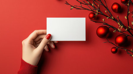 A hand holding a blank card against a vibrant red background, surrounded by festive ornaments and branches, perfect for holiday messaging or creative designs.の素材