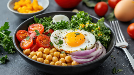 A vibrant bowl featuring chickpeas, fresh greens, sunny-side-up egg, juicy tomatoes, and crisp onions, perfect for a healthy meal choice.の素材