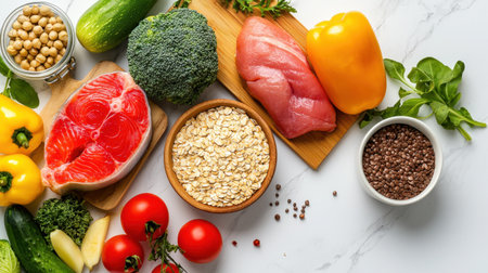 A vibrant flat lay of fresh ingredients featuring vegetables, protein, and grains. Ideal for health-centric meal prep and nutritional planning.の素材