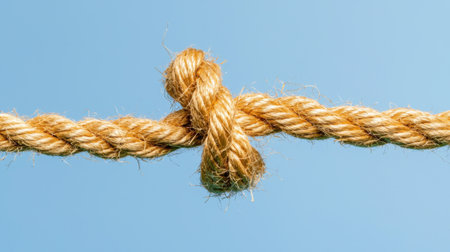 A close-up image of a natural twisted rope knot against a clear blue sky, showcasing the texture and strength of the fibers. Perfect for themes of connection and craftsmanship.の素材
