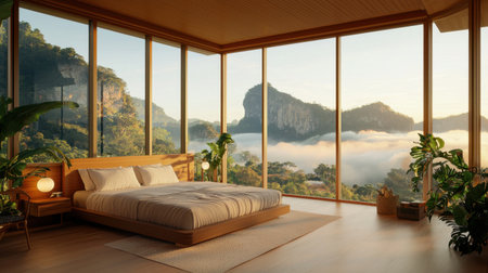 A serene modern bedroom featuring a stunning mountain view through large glass windows, surrounded by lush greenery and warm natural light, creating a peaceful ambiance.の素材