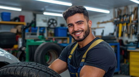A cheerful mechanic smiles while holding a tire in a well-equipped workshop. His friendly demeanor reflects professionalism and expertise in automotive service.の素材