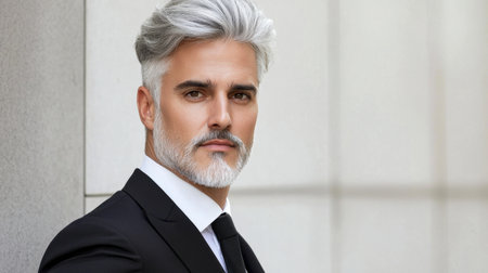 A confident mature man with gray hair and a well-groomed beard poses in a formal suit. His serious expression and stylish look capture sophistication and professionalism.の素材