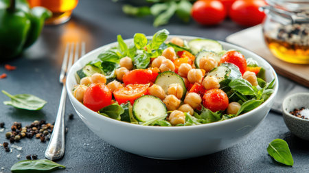 A vibrant bowl of fresh salad featuring chickpeas, cherry tomatoes, and cucumbers served on a rustic table. Perfect for healthy eating enthusiasts.の素材