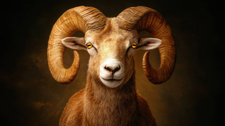 This striking portrait captures the essence of a majestic ram, showcasing its dramatic horns and intense gaze. The rich textures and lighting emphasize its wild beauty.の素材