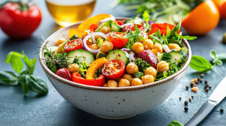 A vibrant bowl of fresh salad featuring colorful vegetables and chickpeas. Perfect for healthy meals or summer dining, showcasing nutrition and taste.の素材