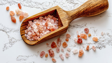 Discover the beauty of natural pink Himalayan salt displayed in a wooden scoop, set against a marble backdrop. Perfect for culinary and aesthetic purposes.の素材