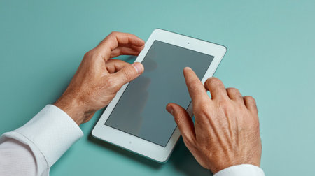 Close-up view of hands using a tablet device against a blue background. The fingers touch the screen, showcasing interaction with technology in a modern context.の素材