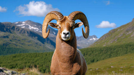 A majestic ram stands proudly against a stunning mountain backdrop. Its impressive horns showcase nature's beauty, while the clear blue sky adds to the serene atmosphere.の素材