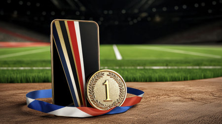 A sleek smartphone stands proudly next to a champion medal on a grassy field, symbolizing victory and achievement in sports and competitions.の素材
