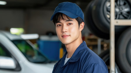 A young male mechanic stands confidently in a workshop, surrounded by car tires. His friendly smile and professional appearance highlight a skilled automotive environment.の素材
