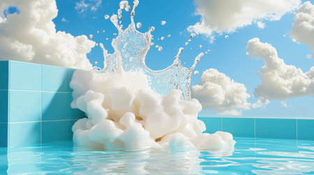 A dynamic splash of water and foam captures movement in a vibrant blue pool. The image showcases a clear sky filled with fluffy clouds, evoking summer joy and relaxation.の素材