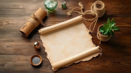 This image features an aged scroll and natural elements arranged on a rustic wooden table, creating a serene and warm atmosphere perfect for creative projects or decoration.の素材