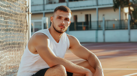 A young male athlete relaxes on a sports court, exuding confidence and determination while enjoying the warm sunshine. The image captures a moment of leisure combined with athletic spirit.の素材