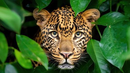 A stunning close-up of a majestic leopard peeking through dense green leaves. The vibrant scene captures the beauty and power of this wild feline in its natural habitat.の素材