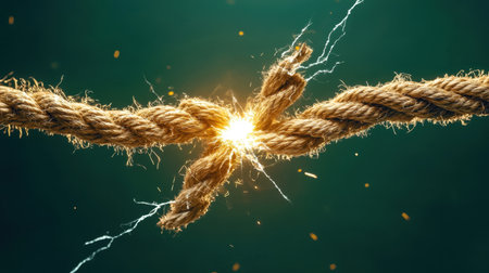 A stunning closeup of a rope breaking with sparks and electricity erupting, capturing the intense moment of tension. Ideal for conveying strength and separation.の素材