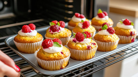 These freshly baked cupcakes topped with raspberries and cream are a delightful treat. Perfect for parties, they add color and sweetness to any dessert table.の素材